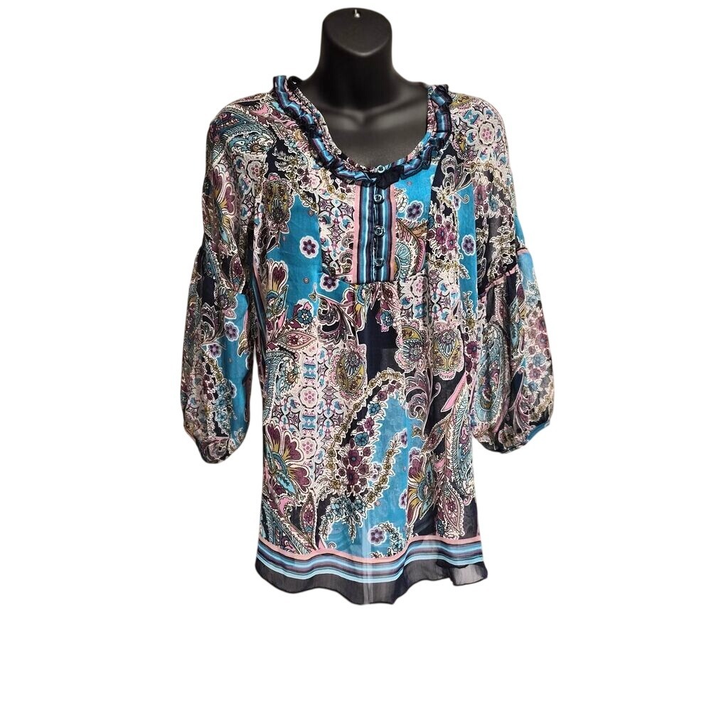 Luna Chic Paisley Ruffle Henley Tunic Top Blue Pink Boho Balloon Sleeve Small